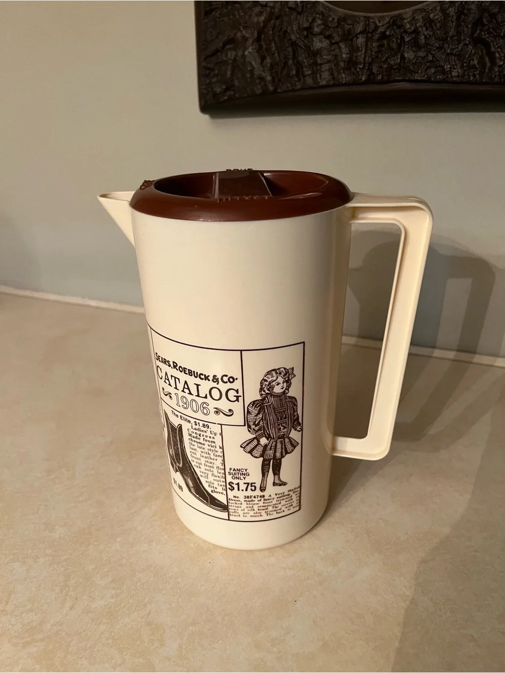 Vintage Sears Roebuck & Co. 1906 Catalog Plastic Pitcher Cream with Brown Lid